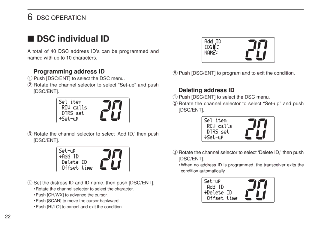 Icom VHF MARINE TRANSCEIVER, IC-M502 instruction manual DSC individual ID, Programming address ID, Deleting address ID, Name 