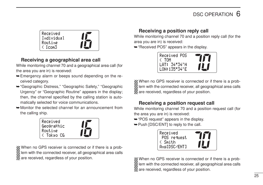 Icom IC-M502 Receiving a geographical area call, Receiving a position reply call, Receiving a position request call, Êtom 