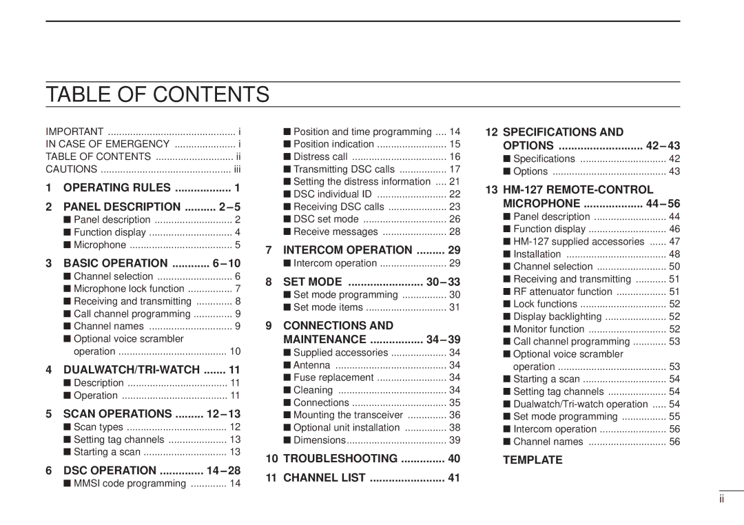 Icom IC-M502, VHF MARINE TRANSCEIVER instruction manual Table of Contents 