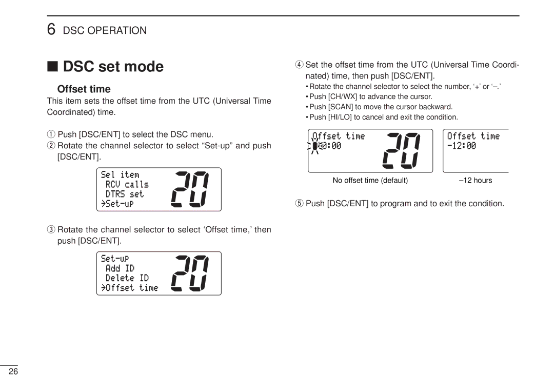 Icom VHF MARINE TRANSCEIVER DSC set mode, Offset time, Set-up ÊAddÊID ÊDeleteÊID ˘OffsetÊtime, OffsetÊtime 0000 1200 