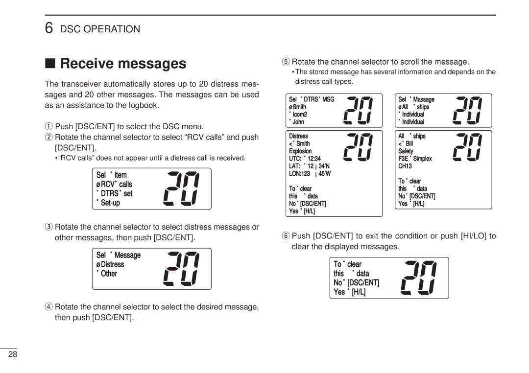 Icom VHF MARINE TRANSCEIVER, IC-M502 Receive messages, SelÊitem ˘RCVÊcalls ÊDTRSÊset ÊSet-up, SelÊMessage ˘Distress ÊOther 