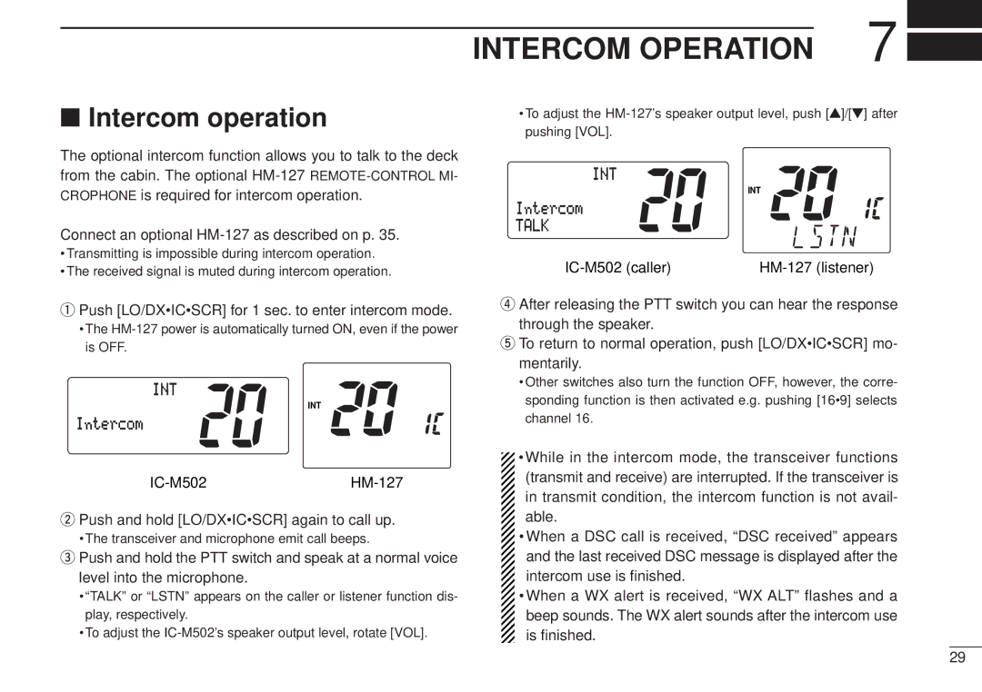 Icom IC-M502, VHF MARINE TRANSCEIVER instruction manual Intercom Operation, Intercom operation, Talk 