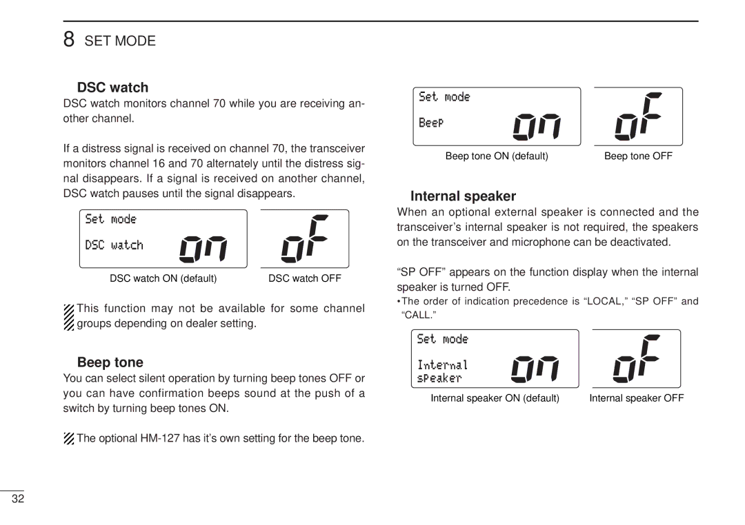 Icom VHF MARINE TRANSCEIVER, IC-M502 instruction manual DSC watch, Beep tone, Internal speaker 