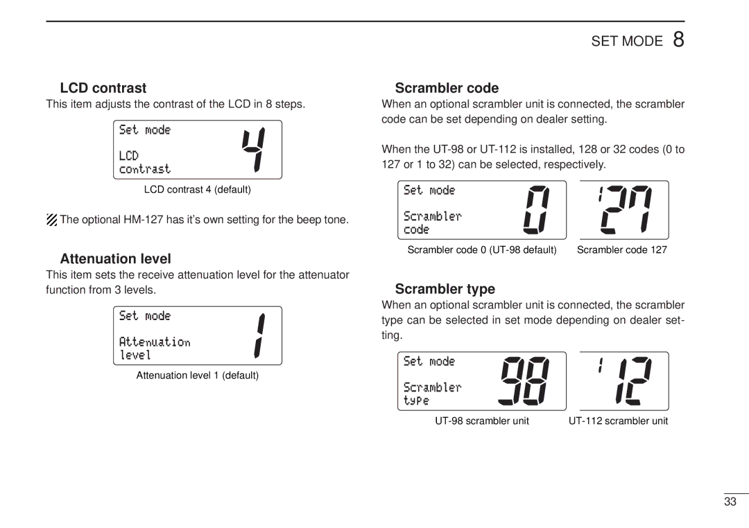 Icom IC-M502, VHF MARINE TRANSCEIVER instruction manual LCD contrast, Attenuation level, Scrambler code, Scrambler type 