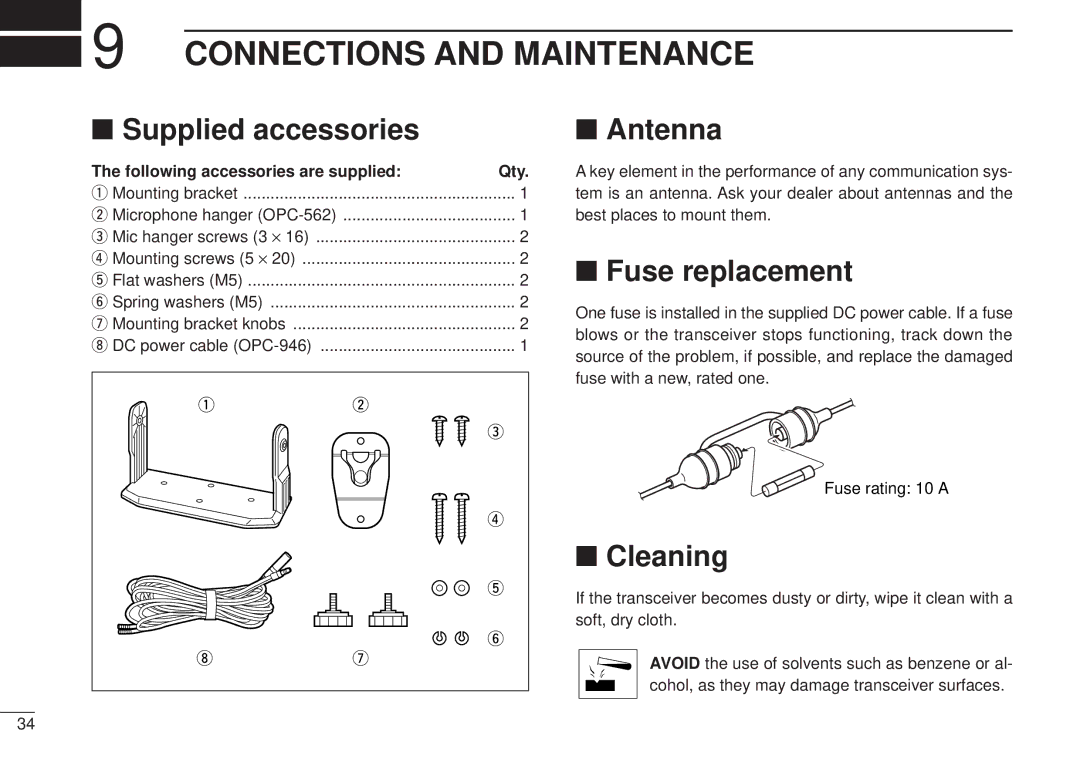 Icom VHF MARINE TRANSCEIVER Connections and Maintenance, Supplied accessories, Antenna, Fuse replacement, Cleaning 