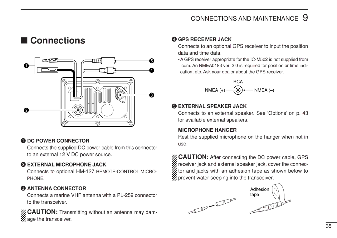 Icom IC-M502, VHF MARINE TRANSCEIVER instruction manual Connections, Microphone Hanger 