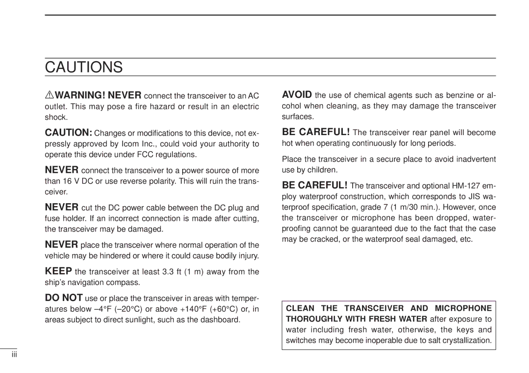 Icom VHF MARINE TRANSCEIVER, IC-M502 instruction manual 