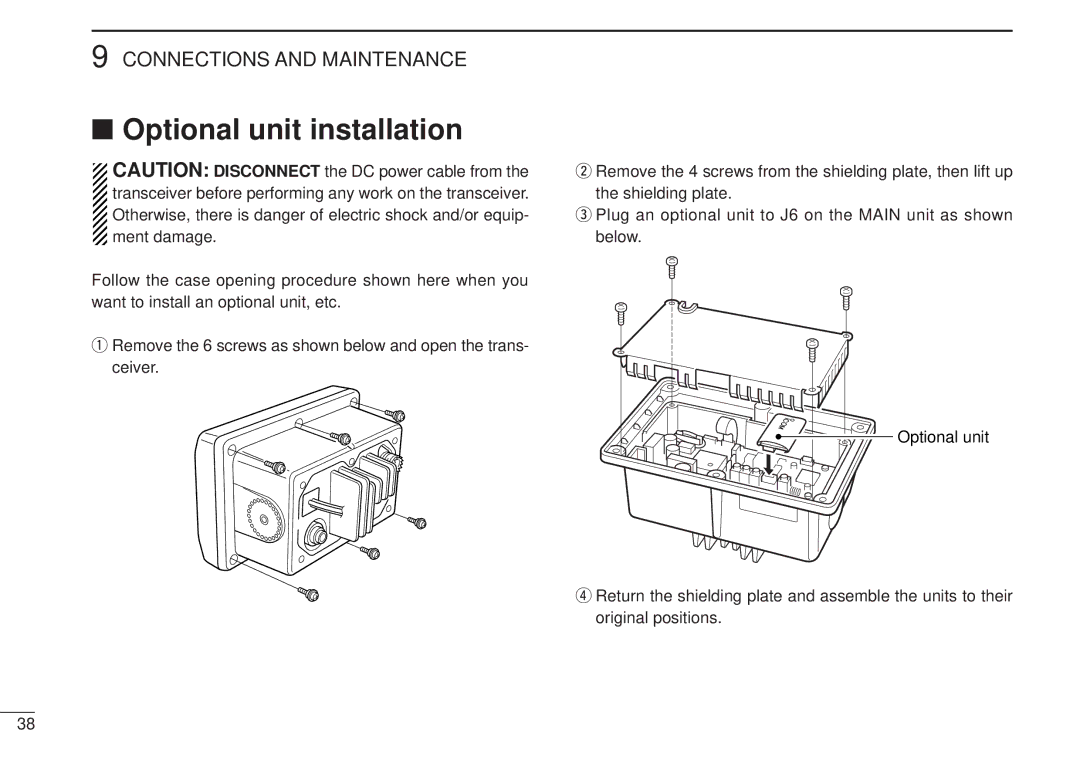 Icom VHF MARINE TRANSCEIVER, IC-M502 instruction manual Optional unit installation 