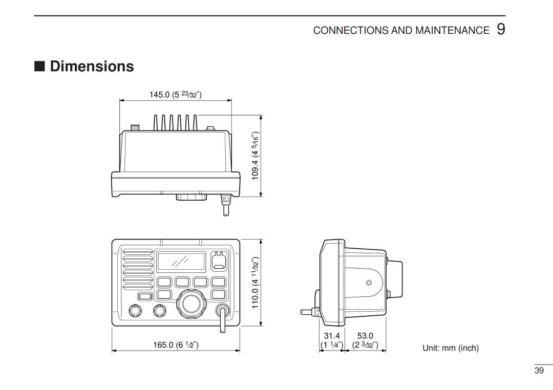 Icom IC-M502, VHF MARINE TRANSCEIVER instruction manual Dimensions 