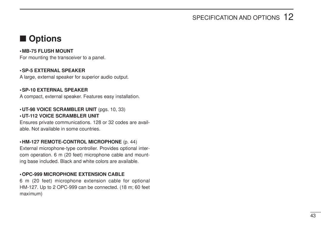 Icom IC-M502, VHF MARINE TRANSCEIVER instruction manual Options 