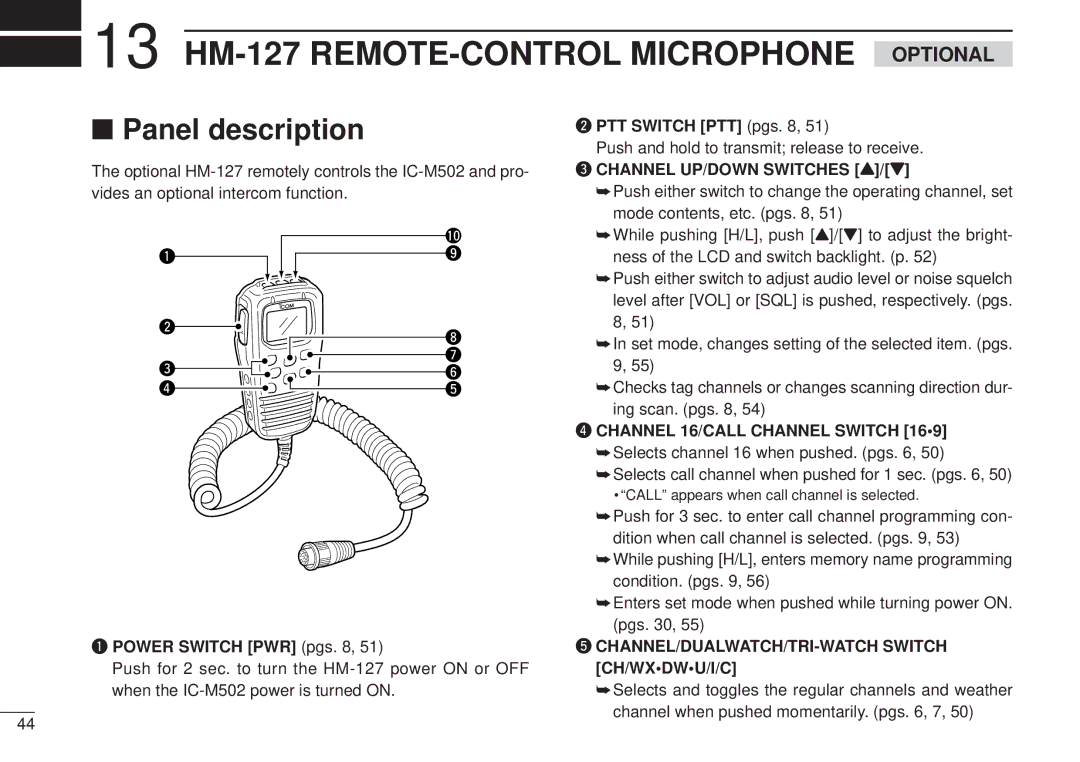 Icom VHF MARINE TRANSCEIVER, IC-M502 HM-127 REMOTE-CONTROL Microphone, Power Switch PWR pgs, PTT Switch PTT pgs 