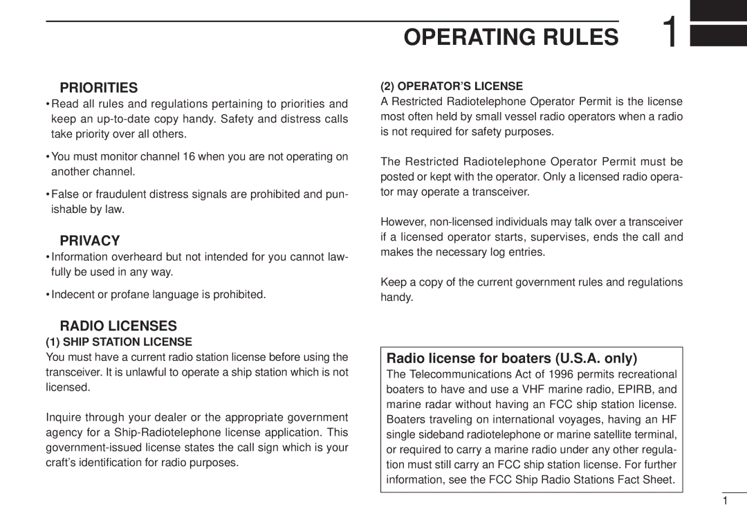 Icom IC-M502 Operating Rules, Radio license for boaters U.S.A. only, Ship Station License, OPERATOR’S License 