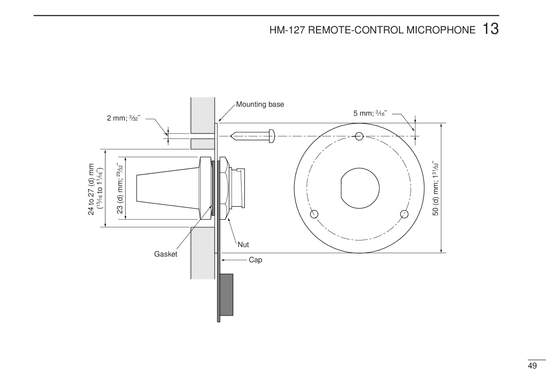 Icom IC-M502, VHF MARINE TRANSCEIVER instruction manual Mm 3⁄32˝ 24 to 27 d mm 15⁄16 to 11⁄16˝ Mm 29⁄32˝ Gasket 