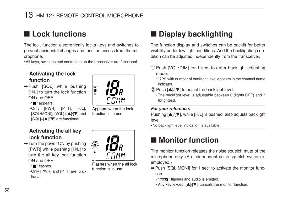 Icom VHF MARINE TRANSCEIVER, IC-M502 Lock functions, Display backlighting, Monitor function, Activating the lock function 