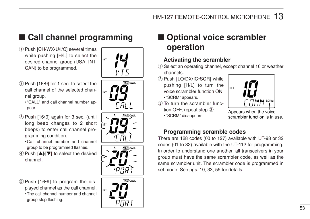 Icom IC-M502 Activating the scrambler, Programming scramble codes, Push Y/Z to select the desired channel 