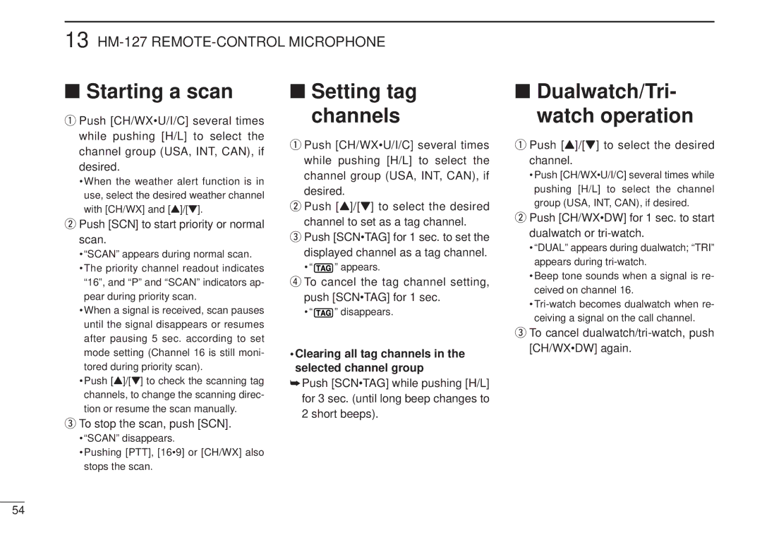 Icom VHF MARINE TRANSCEIVER, IC-M502 instruction manual Setting tag channels, Dualwatch/Tri- watch operation 