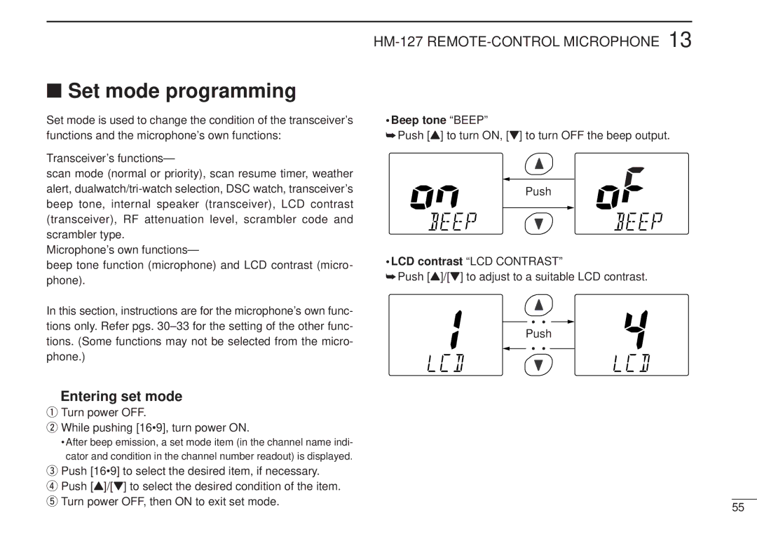 Icom IC-M502, VHF MARINE TRANSCEIVER Entering set mode, Turn power OFF While pushing 169, turn power on, Beep toneBEEP 