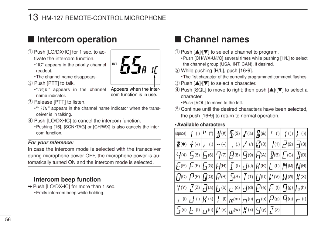 Icom VHF MARINE TRANSCEIVER, IC-M502 Intercom operation Channel names, Intercom beep function, Available characters 