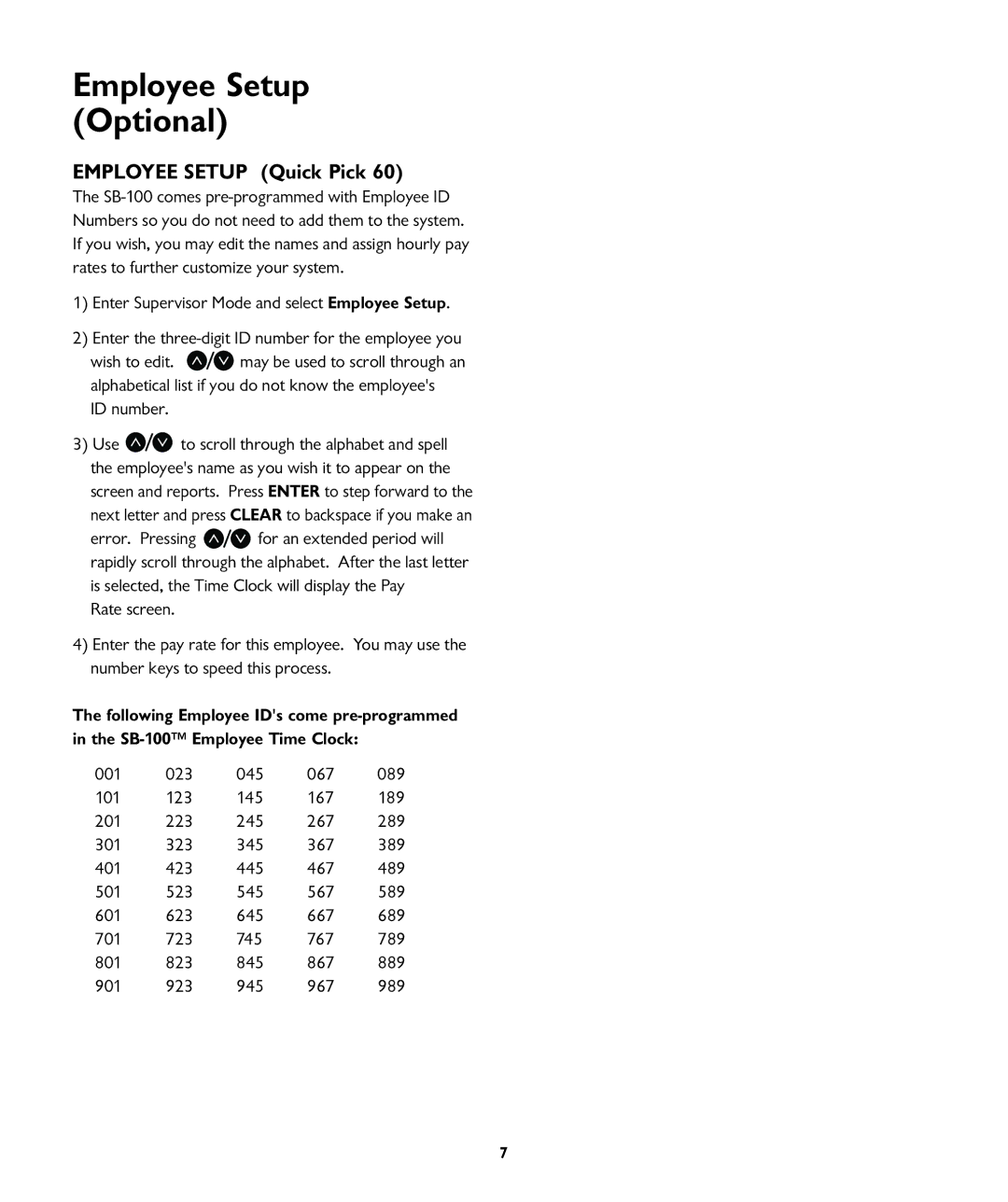 ICON Enterprises SB-100 manual Employee Setup Quick Pick, ID number 