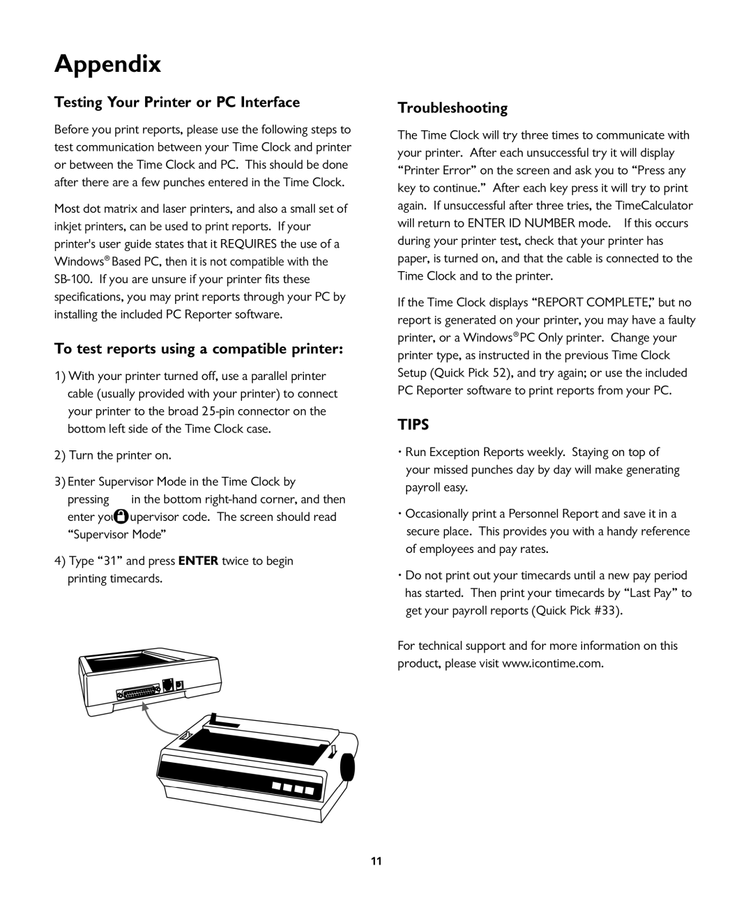 ICON Enterprises SB-100 Appendix, Testing Your Printer or PC Interface, To test reports using a compatible printer, Tips 