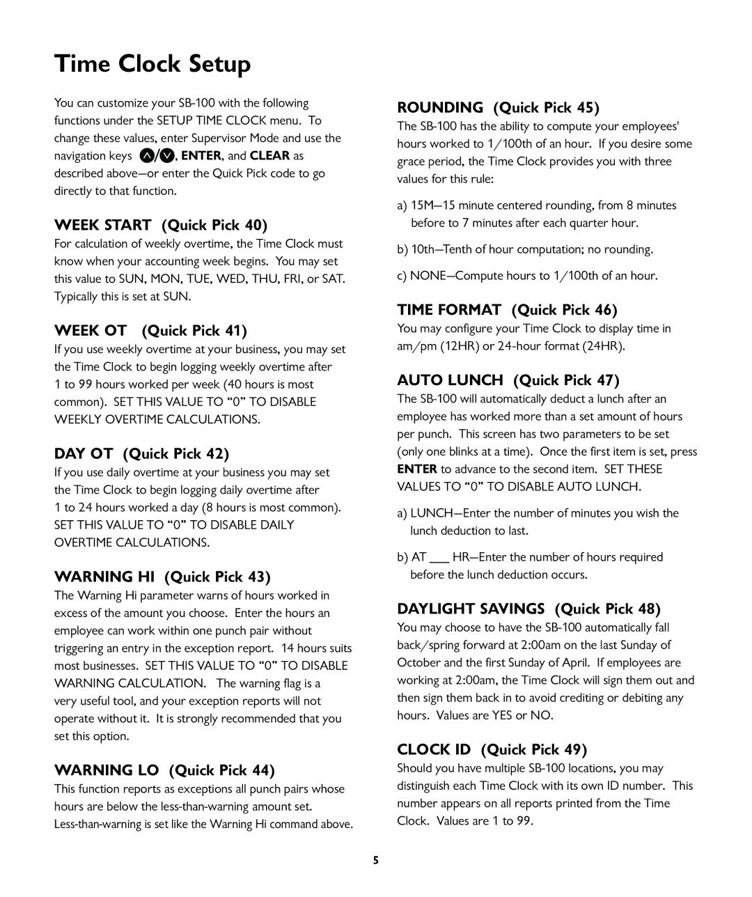 ICON Enterprises SB-100 manual Time Clock Setup 