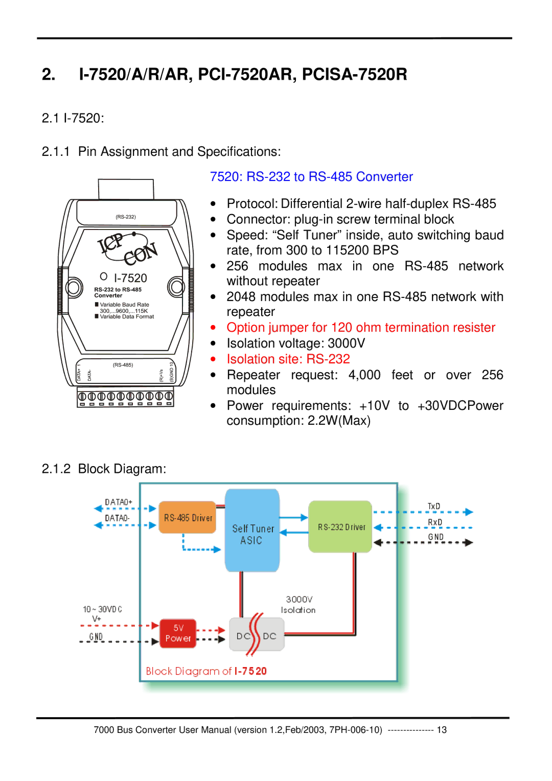 ICP DAS USA 7000 user manual 7520/A/R/AR, PCI-7520AR, PCISA-7520R, Isolation voltage 