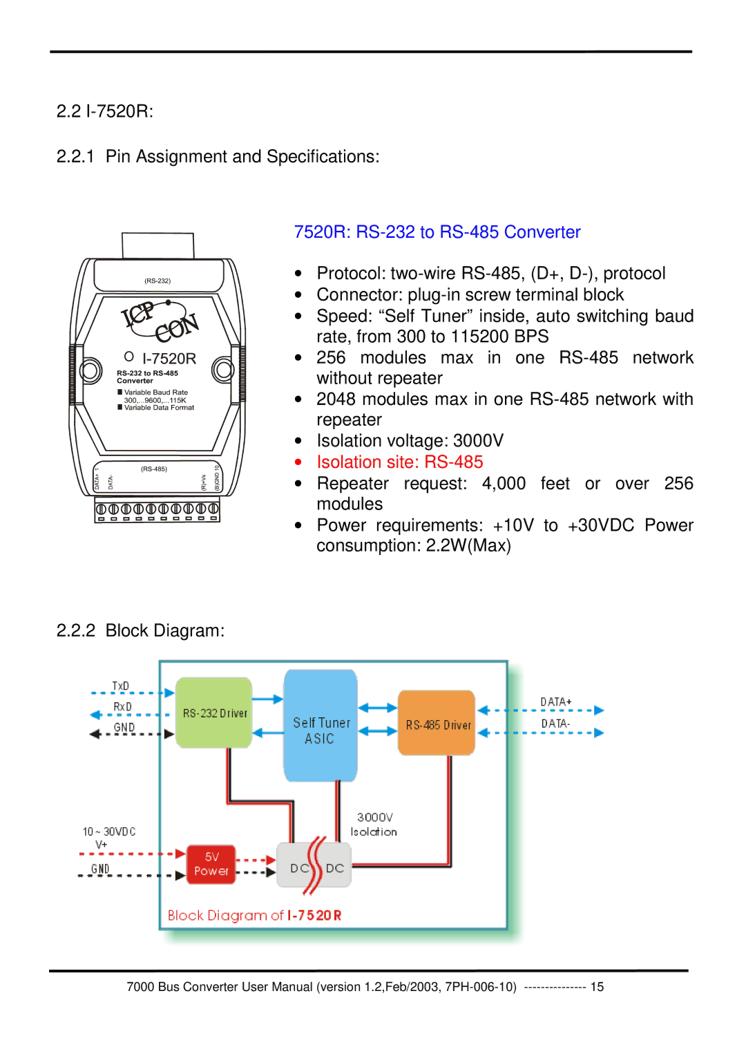 ICP DAS USA 7000 user manual I-7520R Pin Assignment and Specifications, 7520R RS-232 to RS-485 Converter 