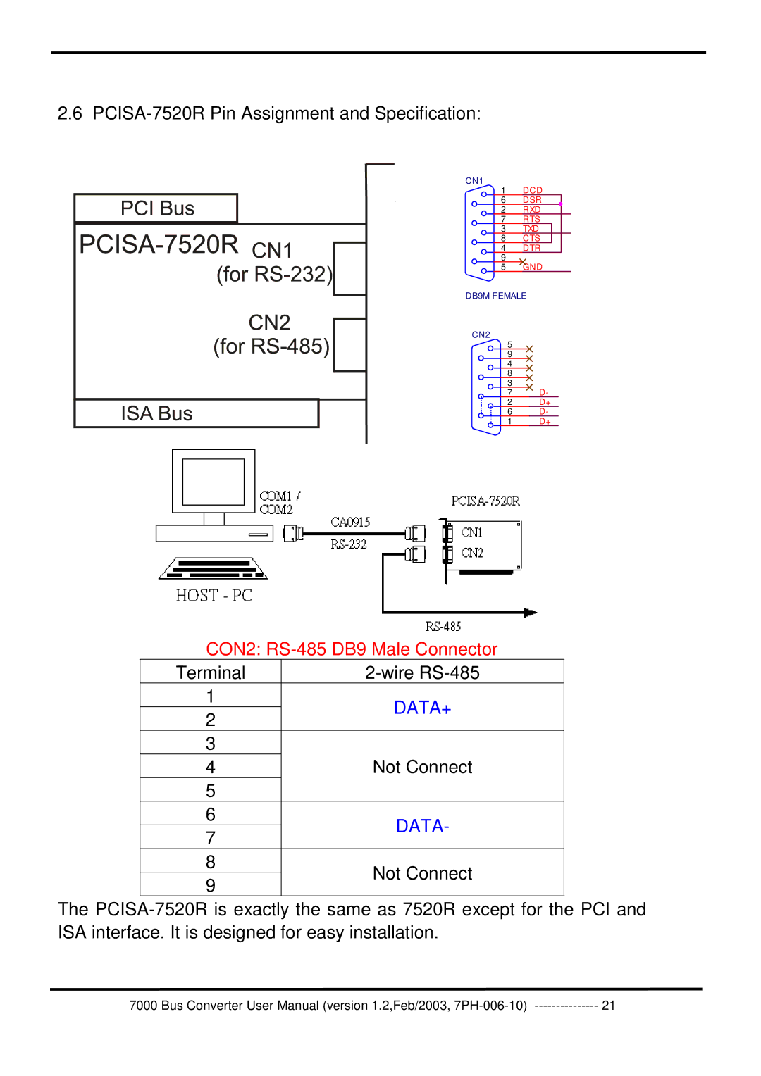 ICP DAS USA 7000 user manual PCISA-7520R Pin Assignment and Specification, Terminal Wire RS-485 