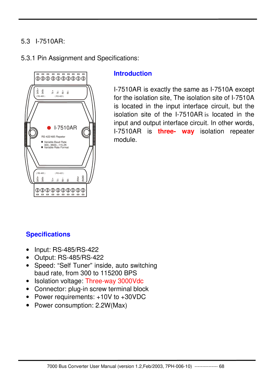 ICP DAS USA 7000 user manual I-7510AR Pin Assignment and Specifications 