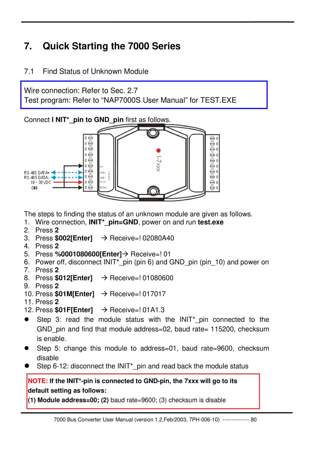 ICP DAS USA user manual Quick Starting the 7000 Series, Find Status of Unknown Module Wire connection Refer to Sec 