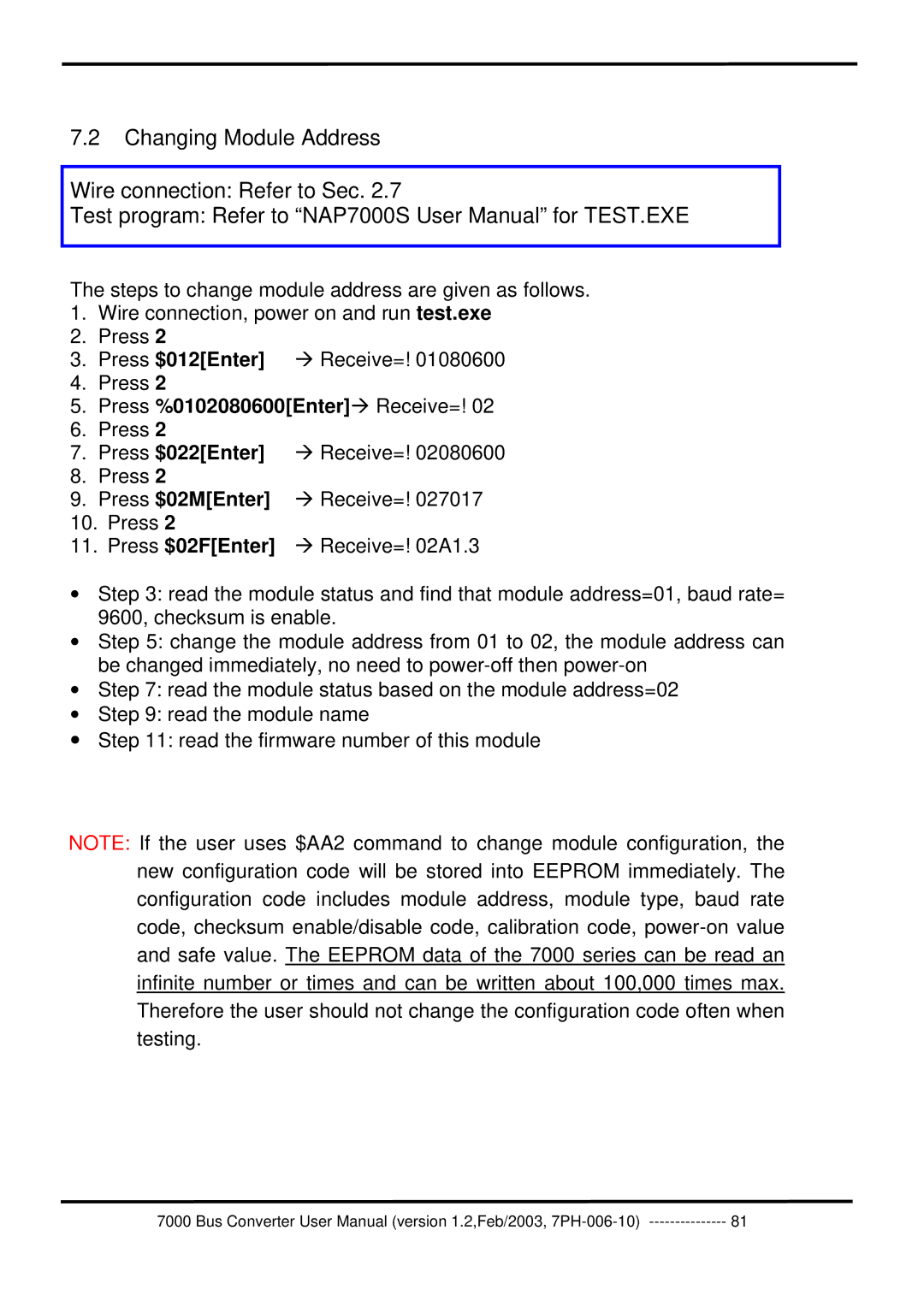 ICP DAS USA 7000 user manual Changing Module Address Wire connection Refer to Sec, Press $02FEnter 