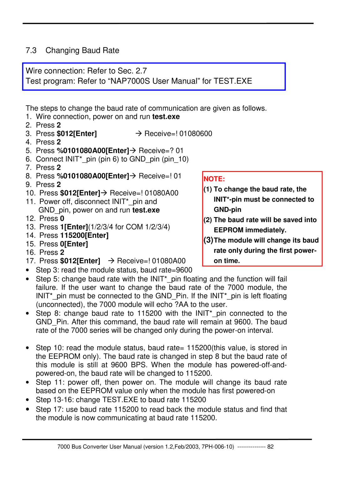 ICP DAS USA 7000 user manual Changing Baud Rate Wire connection Refer to Sec 