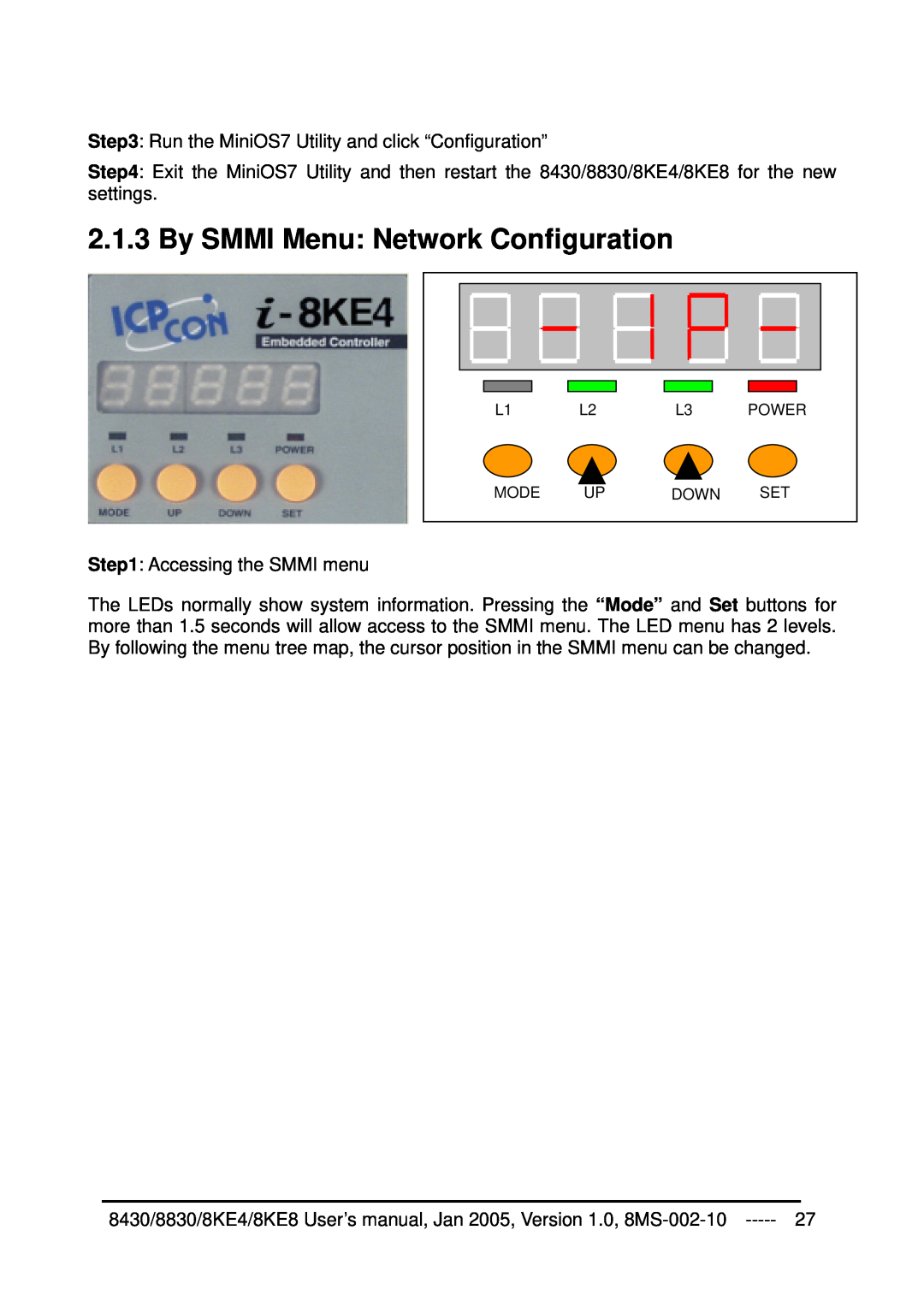 ICP DAS USA 8830, 8KE8, 8KE4, 8430 user manual By SMMI Menu Network Configuration, Power, Mode, Down 