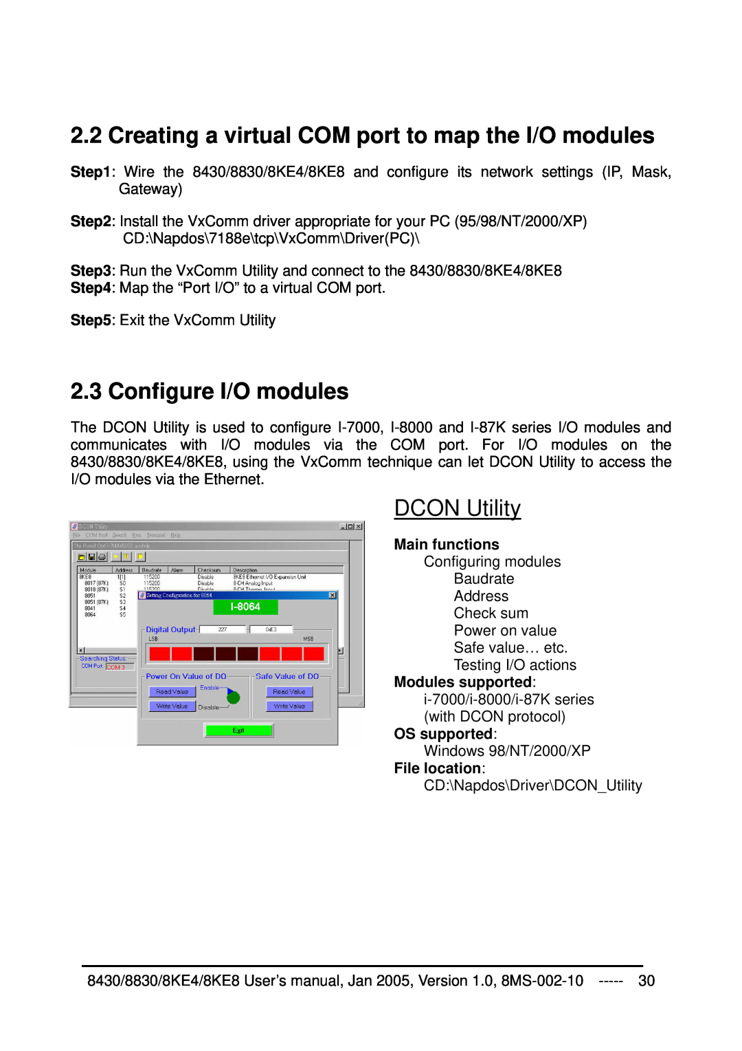 ICP DAS USA 8430, 8KE8, 8KE4, 8830 Creating a virtual COM port to map the I/O modules, Configure I/O modules, DCON Utility 