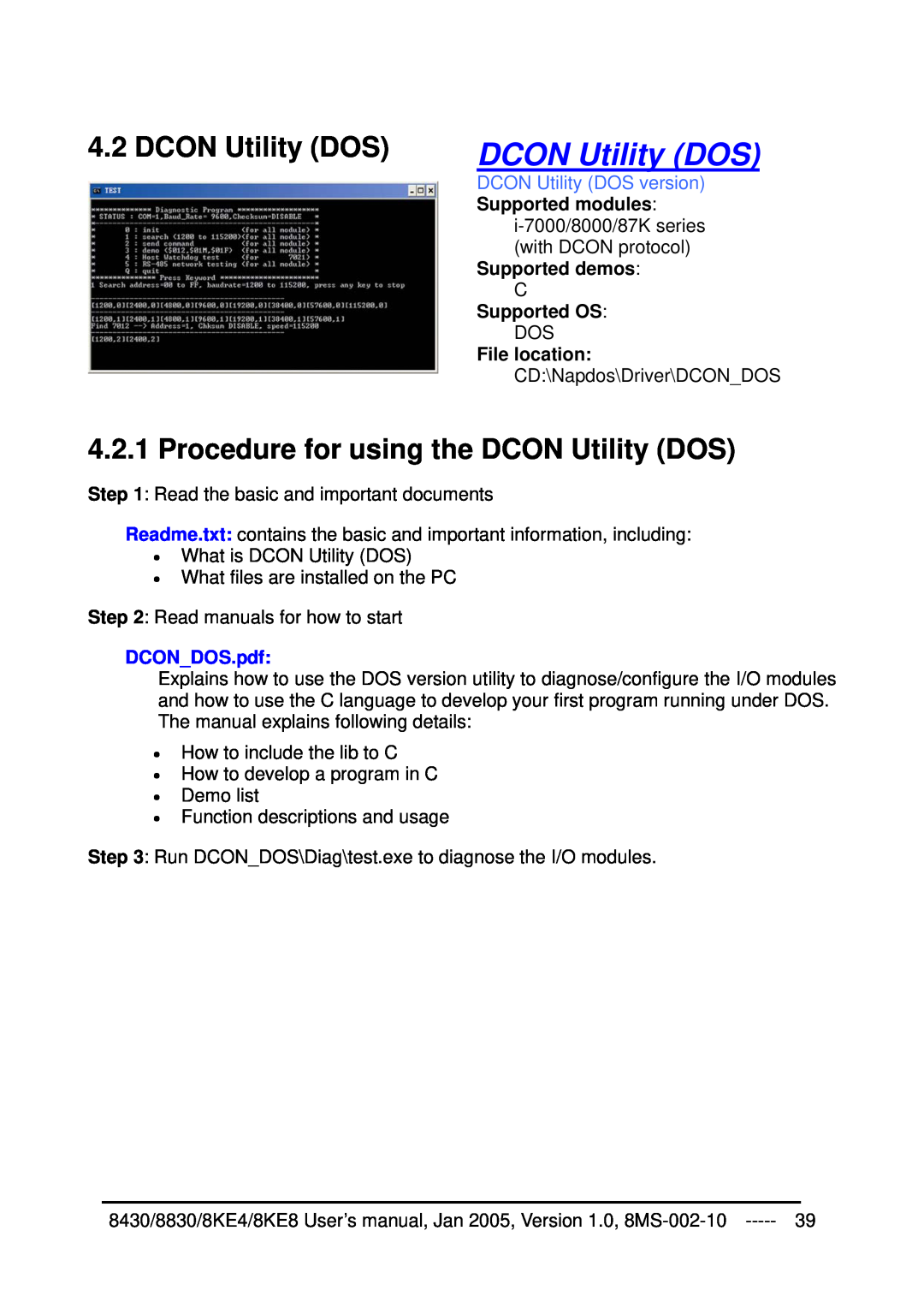 ICP DAS USA 8830, 8KE8, 8KE4, 8430 Procedure for using the DCON Utility DOS, DCON Utility DOS version, DCONDOS.pdf 