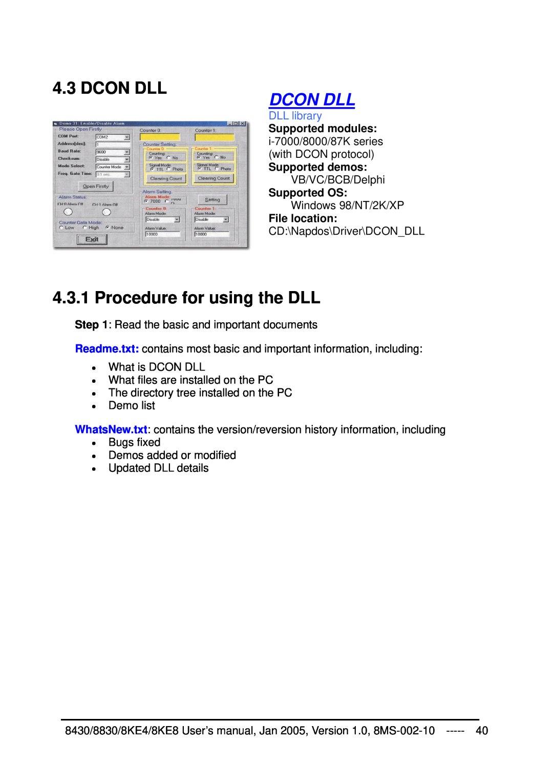 ICP DAS USA 8KE8, 8KE4, 8430, 8830 user manual Dcon Dll, Procedure for using the DLL, DLL library 