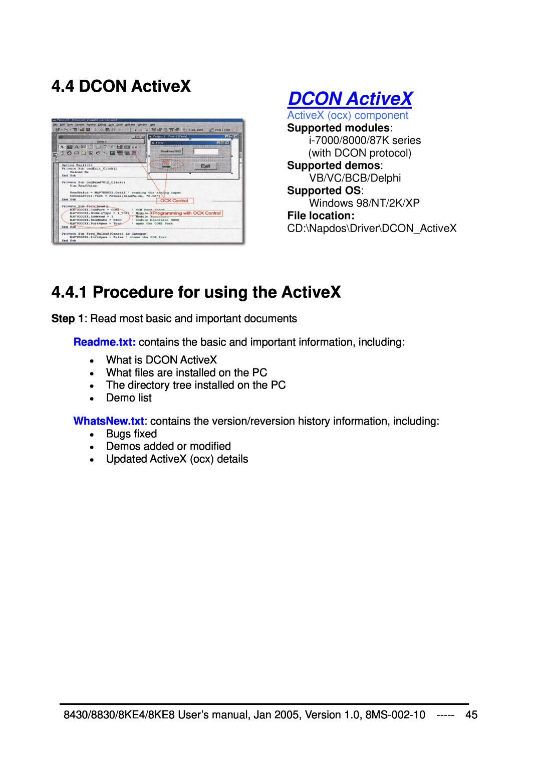 ICP DAS USA 8KE4, 8KE8, 8430, 8830 DCON ActiveX, Procedure for using the ActiveX, ActiveX ocx component Supported modules 