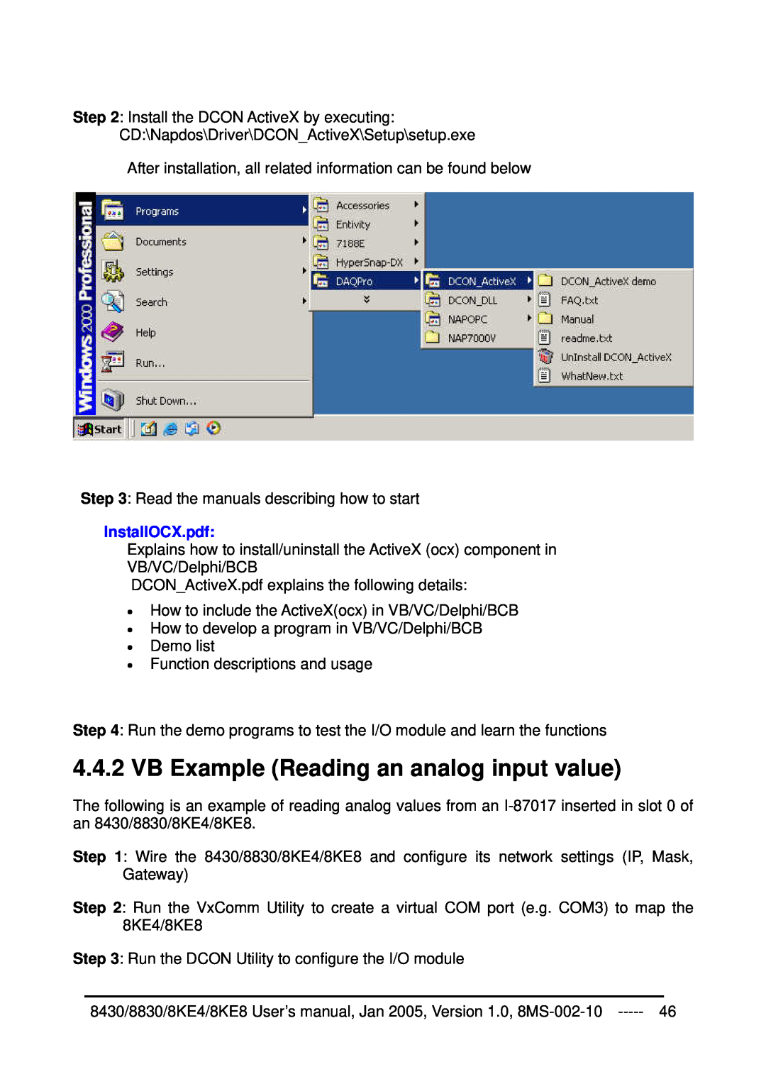 ICP DAS USA 8430, 8KE8, 8KE4, 8830 user manual VB Example Reading an analog input value, InstallOCX.pdf 