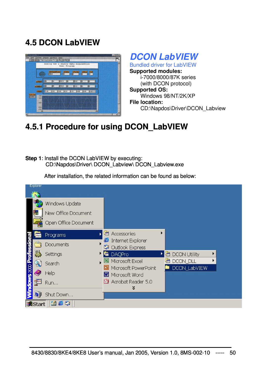 ICP DAS USA 8430, 8KE8, 8KE4, 8830 user manual DCON LabVIEW, Procedure for using DCONLabVIEW, Bundled driver for LabVIEW 