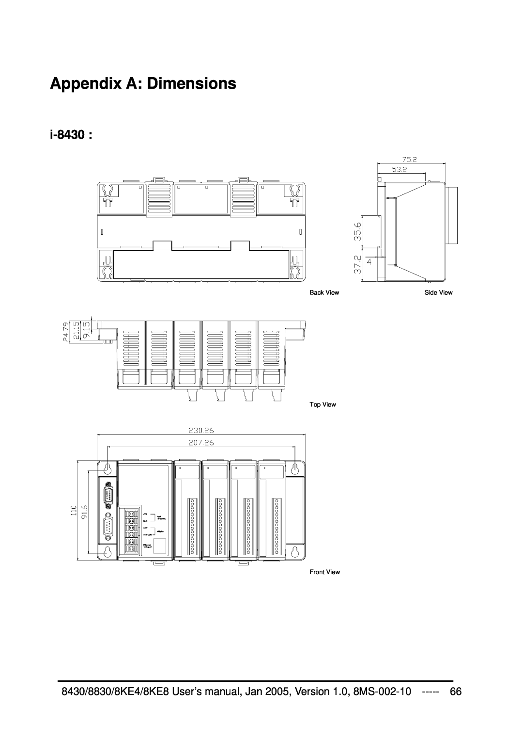 ICP DAS USA 8KE8, 8KE4, 8830 user manual Appendix A Dimensions, i-8430, Back View, Top View, Front View, Side View 