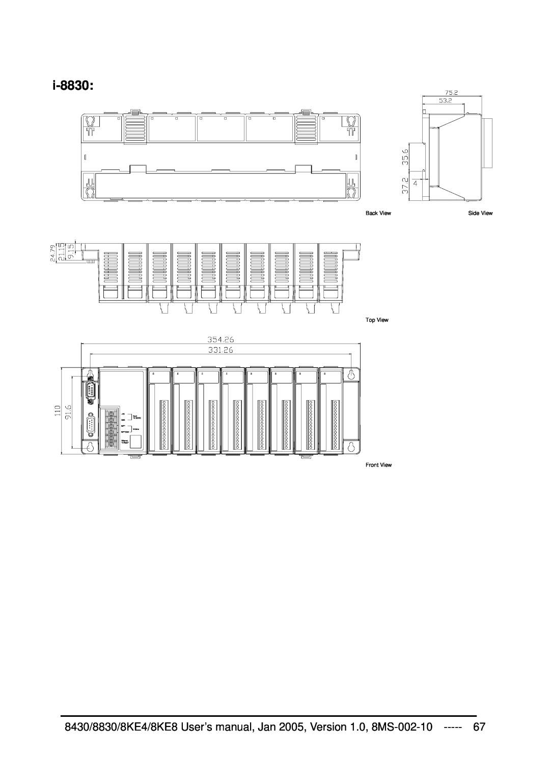 ICP DAS USA 8KE8, 8KE4, 8430 user manual i-8830, Back View, Side View, Top View, Front View 