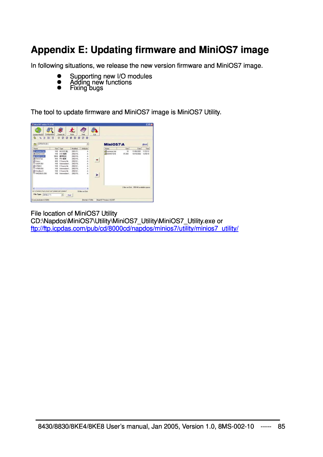 ICP DAS USA 8KE4, 8KE8, 8430, 8830 user manual Appendix E Updating firmware and MiniOS7 image 