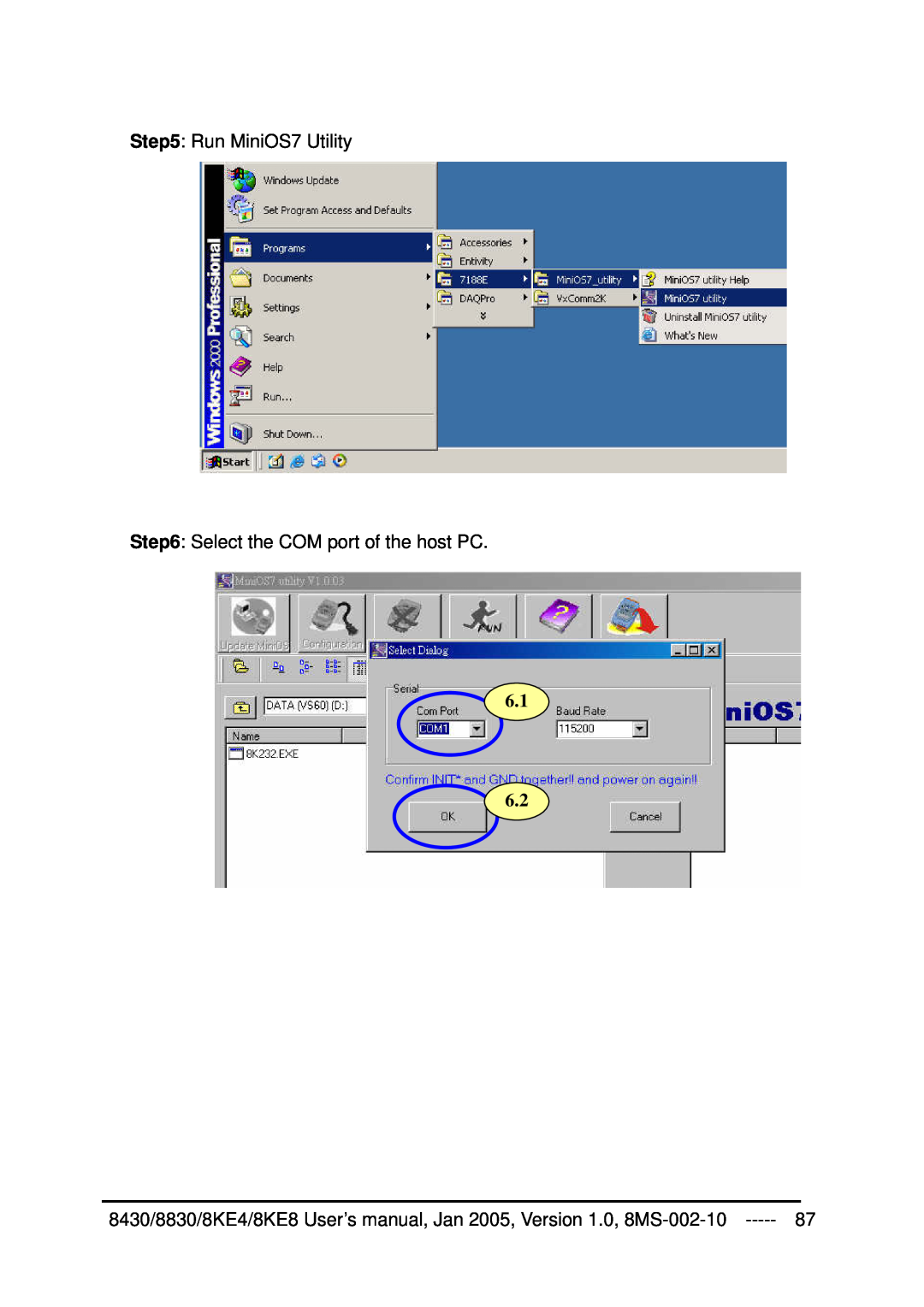 ICP DAS USA 8830, 8KE8, 8KE4, 8430 user manual 6.1 6.2, Run MiniOS7 Utility Select the COM port of the host PC 