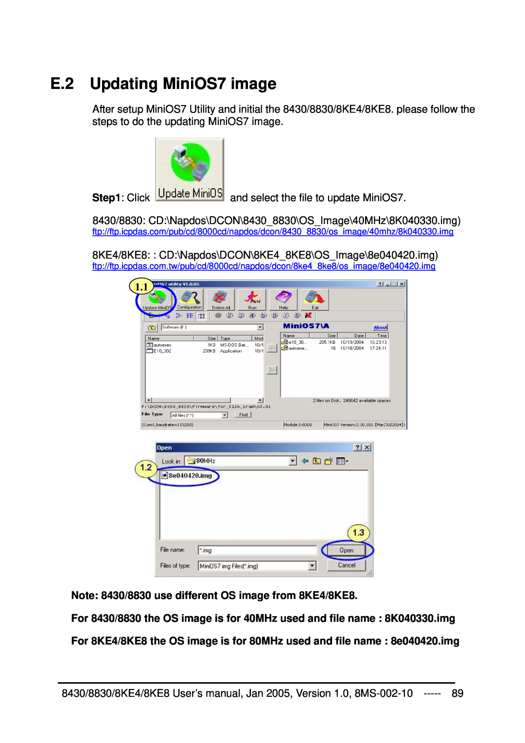 ICP DAS USA 8KE4, 8KE8, 8430, 8830 user manual E.2 Updating MiniOS7 image 