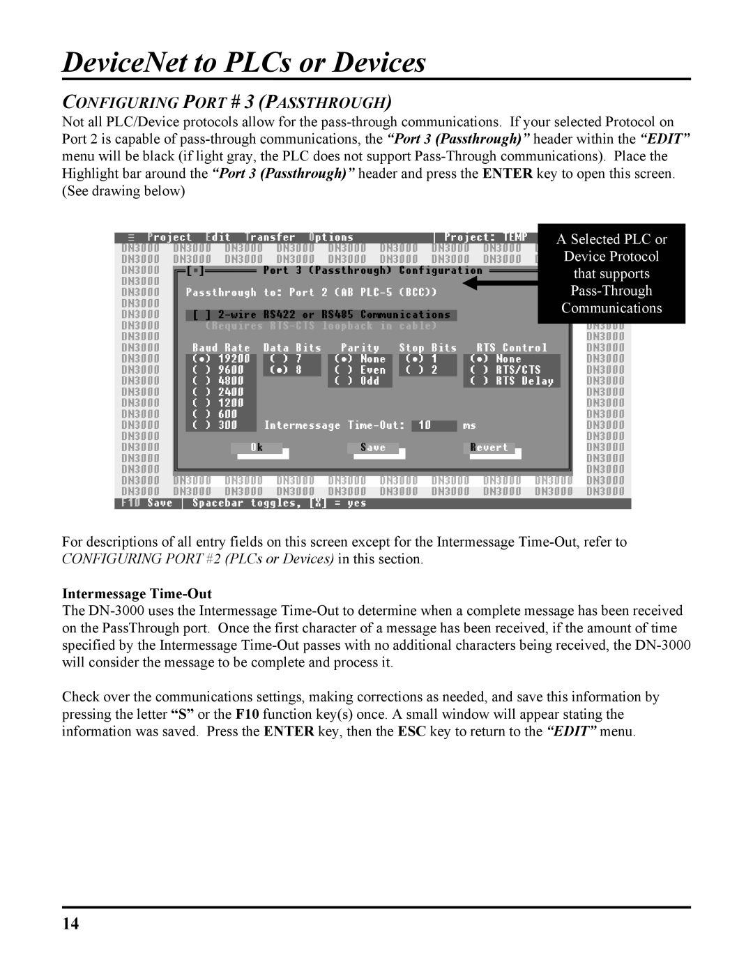 ICP DAS USA DN-3000, DB25, 100-700 PLCS user manual Configuring Port # 3 Passthrough, Intermessage Time-Out 