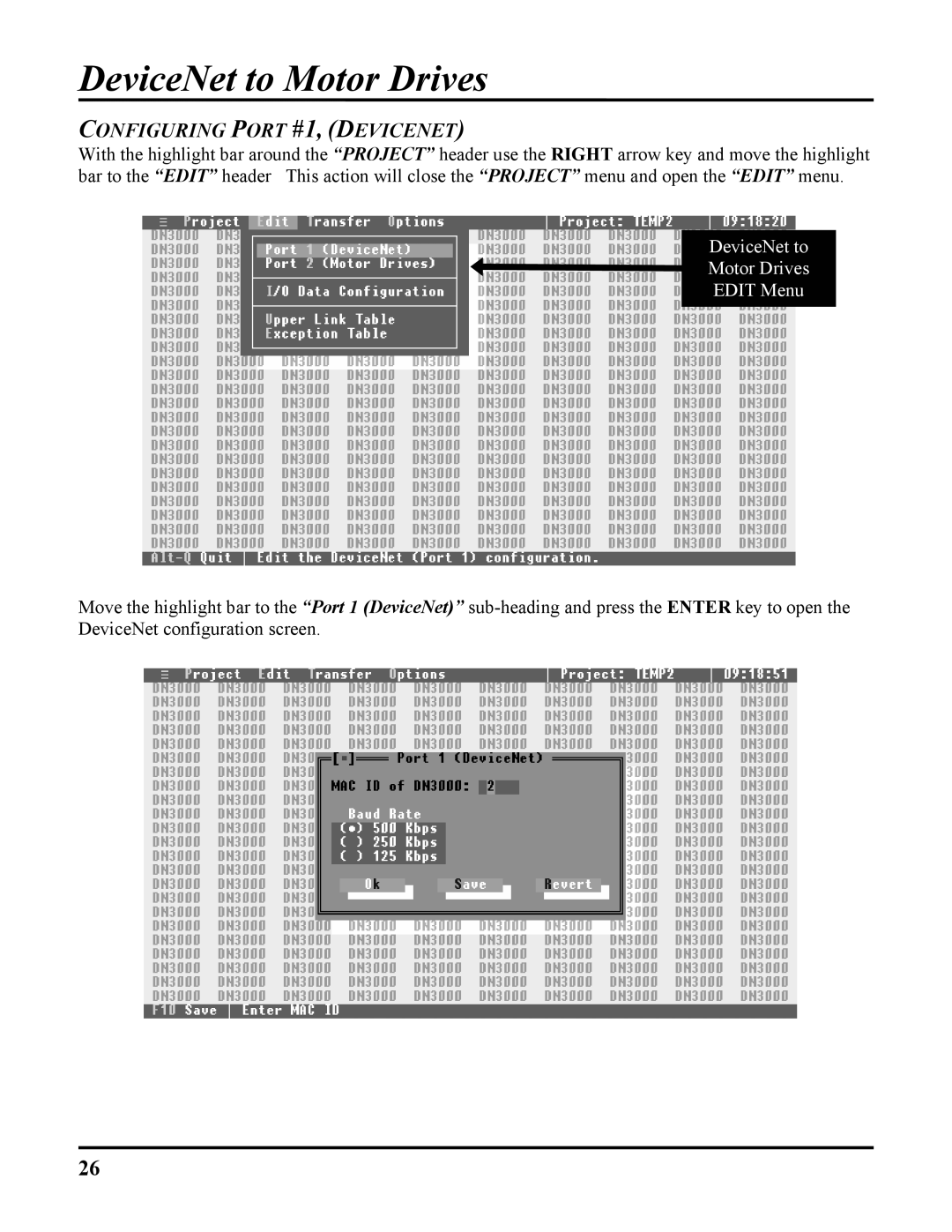 ICP DAS USA DN-3000, DB25, 100-700 PLCS user manual DeviceNet to Motor Drives Edit Menu 