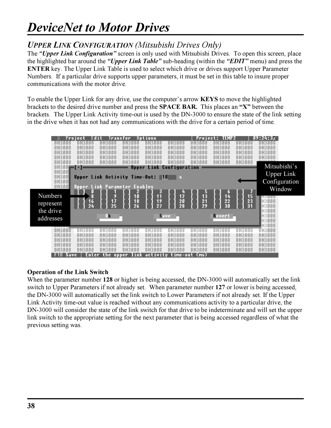 ICP DAS USA DN-3000, DB25, 100-700 PLCS Upper Link Configuration Mitsubishi Drives Only, Operation of the Link Switch 