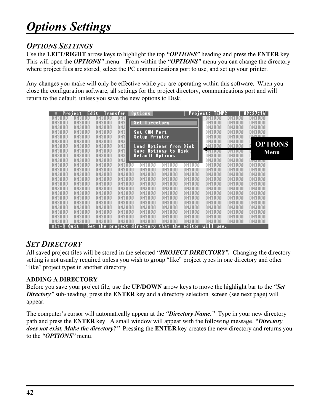 ICP DAS USA DB25, 100-700 PLCS, DN-3000 user manual Options Settings, SET Directory 