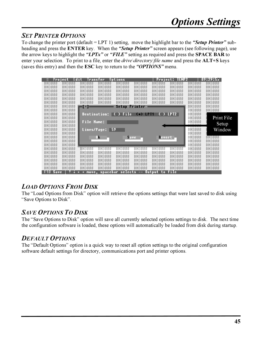 ICP DAS USA DB25, 100-700 PLCS, DN-3000 SET Printer Options, Load Options from Disk, Save Options to Disk, Default Options 