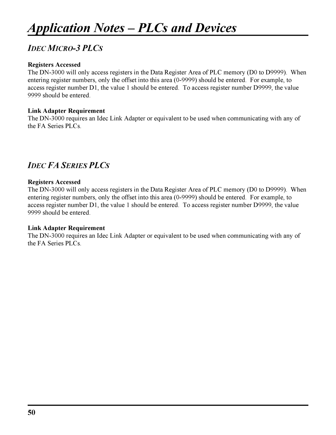 ICP DAS USA DN-3000, DB25, 100-700 PLCS user manual Idec MICRO-3 Plcs, Idec FA Series Plcs, Link Adapter Requirement 